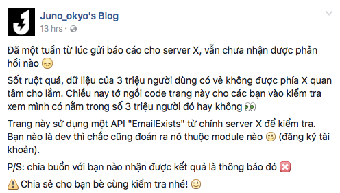 Chia sẻ của Juno_okyo trên fanpage Facebook cá nhân